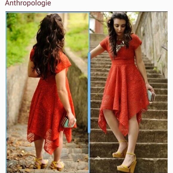Maeve Anthropology orange Red prima lace dress handkerchief asymmetrical Hem 0 - Picture 1 of 12